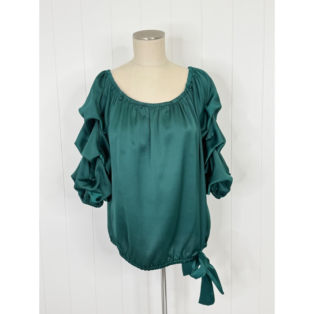 MSK Green Ruffle Sleeve Off Shoulder Blouse NWT Women XL Satin Side Tie Top